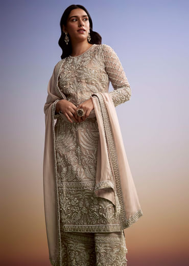Peach Organza Palazzo Suit With Zari And Moti Work
