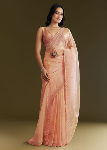 Peach Organza Saree With Stone Embellishment And Scallop Border