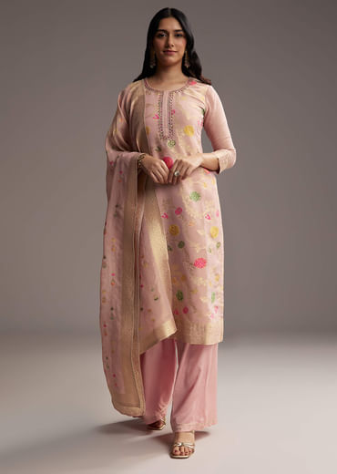 Peach Pink Banarasi Tissue Palazzo Suit