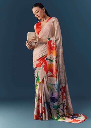 Peach Printed Satin Saree with Blouse Fabric