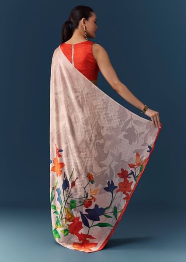 Peach Printed Satin Saree with Blouse Fabric