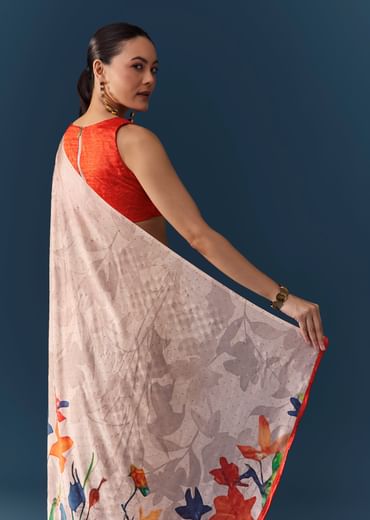 Peach Printed Satin Saree with Blouse Fabric