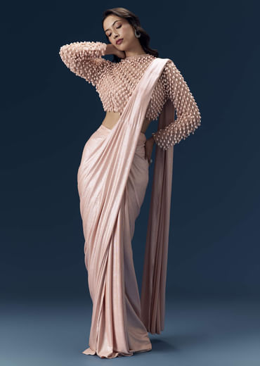 Peach Ready Pleated Saree with Blouse