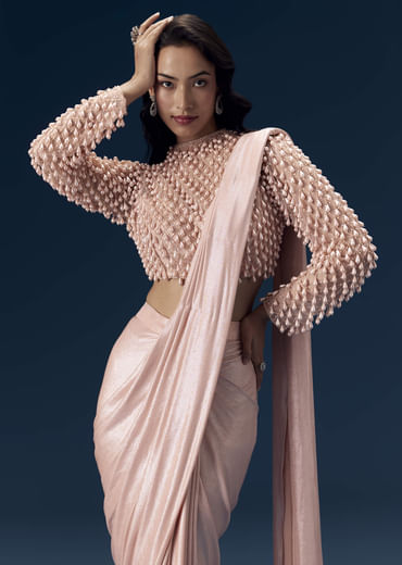 Peach Ready Pleated Saree with Blouse