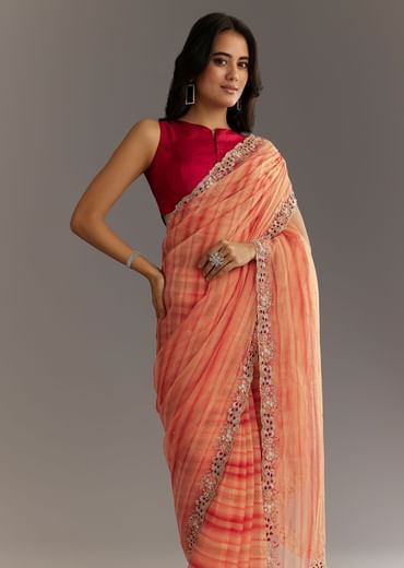Peach Red Shaded Shibori Print Tissue Saree With Embroidered Scallop Border