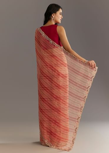 Peach Red Shaded Shibori Print Tissue Saree With Embroidered Scallop Border