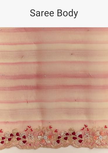 Peach Red Shaded Shibori Print Tissue Saree With Embroidered Scallop Border