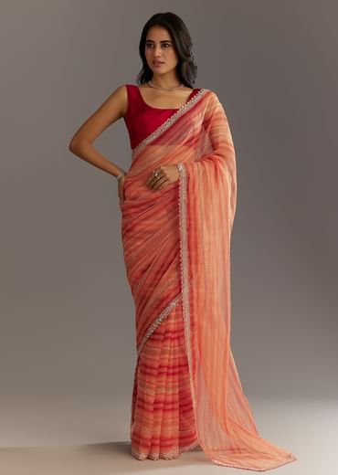 Peach Red Shaded Tissue Saree With Cutwork Scallop Border