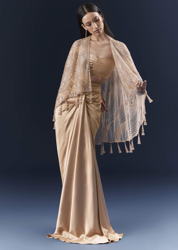 Peach Satin Crop Top And Skirt Set With Cutdana And Beads Embellishments Peach Satin Crop Top And Skirt Set With Cutdana And Beads Embellishments