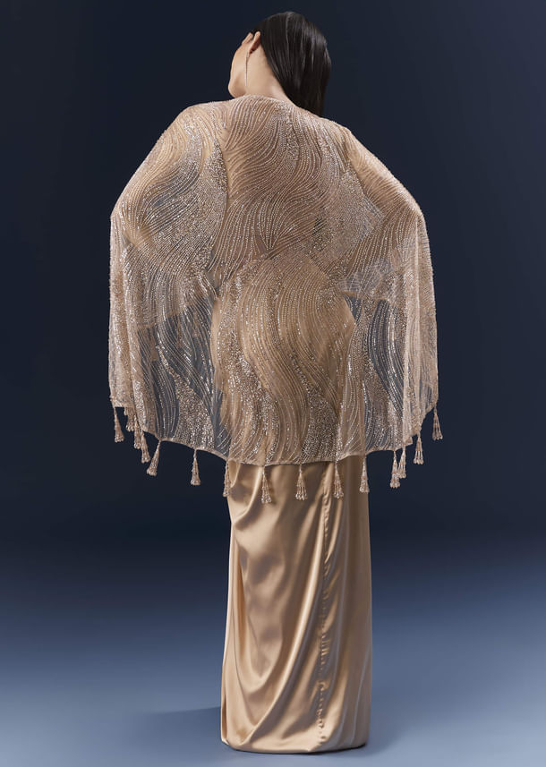 Peach Satin Crop Top And Skirt Set With Cutdana And Beads Embellishments Peach Satin Crop Top And Skirt Set With Cutdana And Beads Embellishments