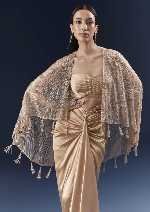 Peach Satin Crop Top And Skirt Set With Cutdana And Beads Embellishments Peach Satin Crop Top And Skirt Set With Cutdana And Beads Embellishments