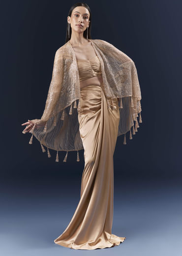 Peach Satin Crop Top And Skirt Set With Cutdana And Beads Embellishments