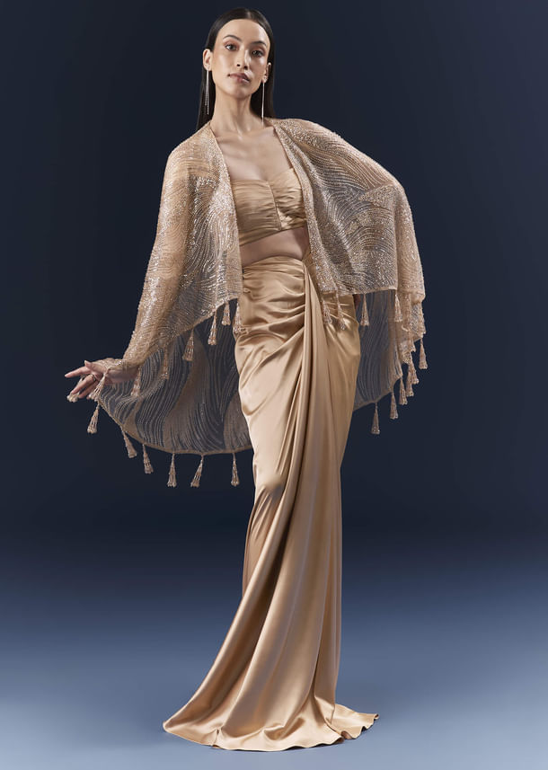 Peach Satin Crop Top And Skirt Set With Cutdana And Beads Embellishments Peach Satin Crop Top And Skirt Set With Cutdana And Beads Embellishments