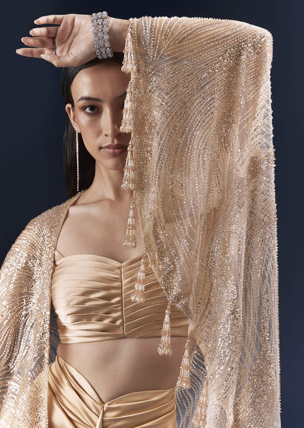 Peach Satin Crop Top And Skirt Set With Cutdana And Beads Embellishments Peach Satin Crop Top And Skirt Set With Cutdana And Beads Embellishments