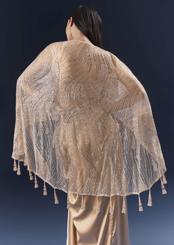 Peach Satin Crop Top And Skirt Set With Cutdana And Beads Embellishments Peach Satin Crop Top And Skirt Set With Cutdana And Beads Embellishments