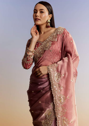 Peach Shaded Tissue Saree With Heavy Embroidered Blouse