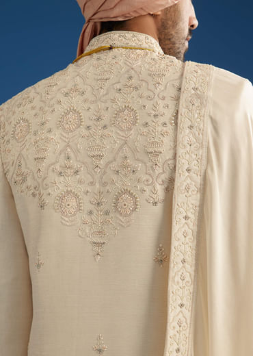 Peach Silk Groom Sherwani Set With Thread And Zardosi Work