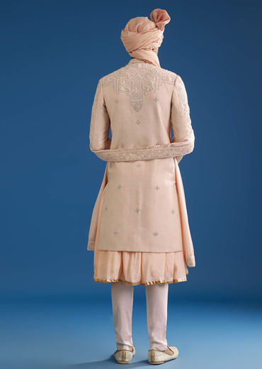 Peach Silk Groom Sherwani Set With Zardosi Embroidery