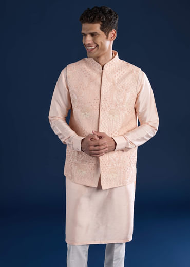 Peach Silk Jacket Kurta Set with Dori Work