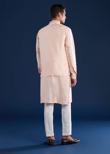 Peach Silk Jacket Kurta Set with Dori Work