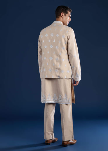 Peach Silk Jacket Kurta Set with Zari Work