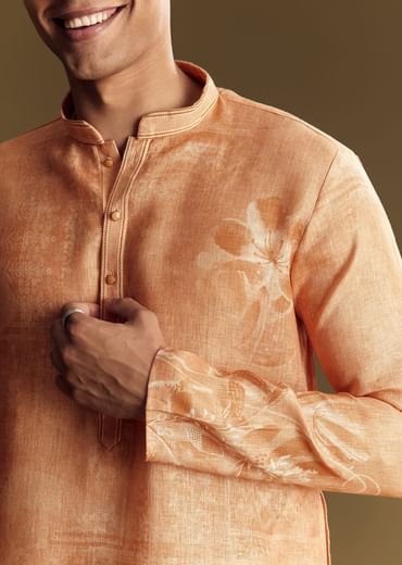 Peach Silk Kurta Set With Mandarin Collar