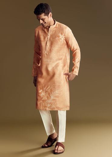 Peach Silk Kurta Set With Mandarin Collar