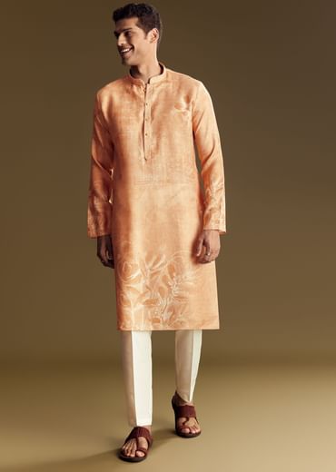 Peach Silk Kurta Set With Mandarin Collar