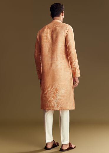 Peach Silk Kurta Set With Mandarin Collar