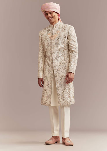Peach Silk Sherwani For Groom With Pastel Floral Embroidery