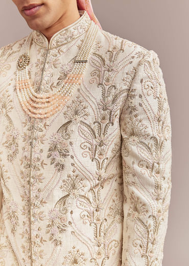 Peach Silk Sherwani For Groom With Pastel Floral Embroidery