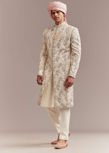 Peach Silk Sherwani For Groom With Pastel Floral Embroidery