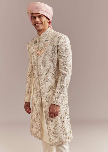 Peach Silk Sherwani For Groom With Pastel Floral Embroidery