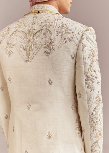 Peach Silk Sherwani For Groom With Pastel Floral Embroidery
