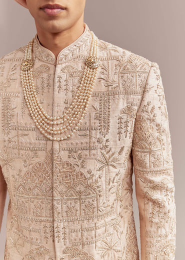 Peach Silk Sherwani For Groom With Zardosi And Sequins Embroidery