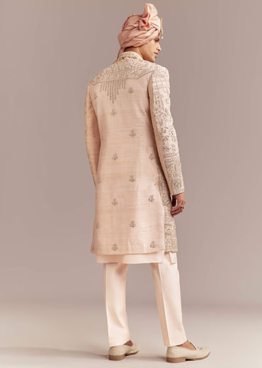 Peach Silk Sherwani For Groom With Zardosi And Sequins Embroidery