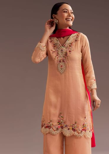 Peach Thread Moti Kurta Palazzo Dupatta Set