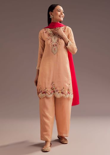 Peach Thread Moti Kurta Palazzo Dupatta Set