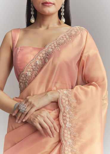 Peach Tissue Embroidered Saree With Heavy Hand Embroidery