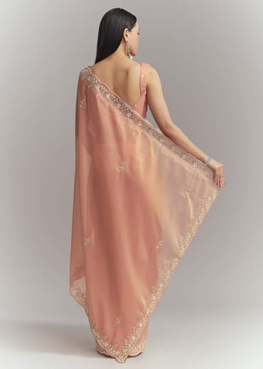 Peach Tissue Embroidered Saree With Heavy Hand Embroidery