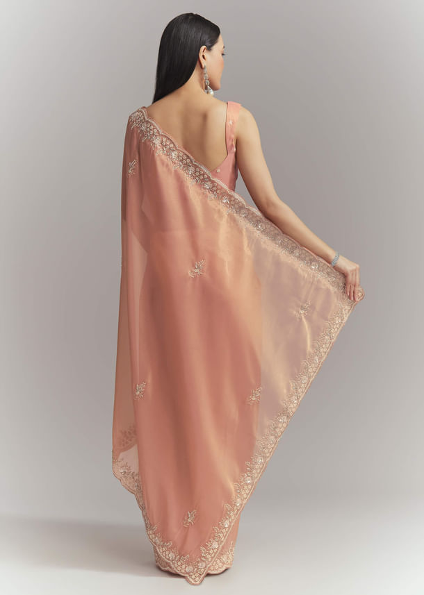 Peach Tissue Embroidered Saree With Heavy Hand Embroidery