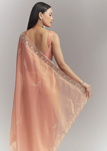 Peach Tissue Embroidered Saree With Heavy Hand Embroidery