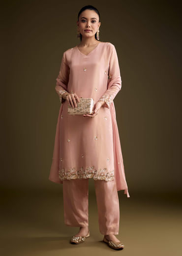Peach Tissue Kurta Set With Sequins And Moti Embroidery