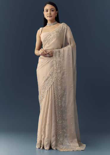 Peach Tissue Organza Cutwork Saree with Unstitched Blouse Fabric