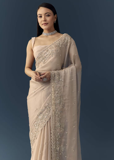 Peach Tissue Organza Cutwork Saree with Unstitched Blouse Fabric