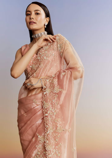 Peach Tissue Saree With Floral Moti And Cutdana Embroidery