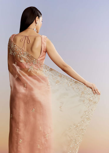 Peach Tissue Saree With Floral Moti And Cutdana Embroidery