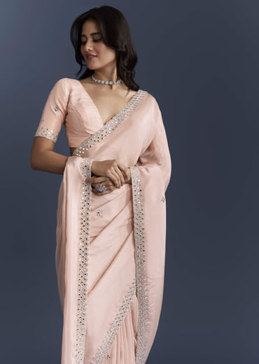 Peach Tissue Saree With Heavy Hand Embroidery