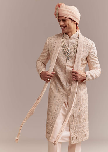 Peach Tissue Sherwani For Groom With Tonal Embroidery