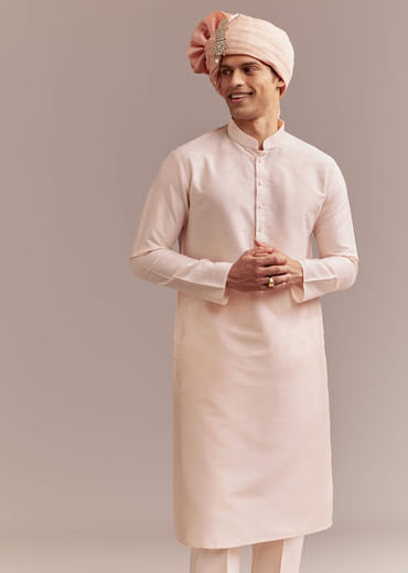 Peach Tissue Sherwani For Groom With Tonal Embroidery